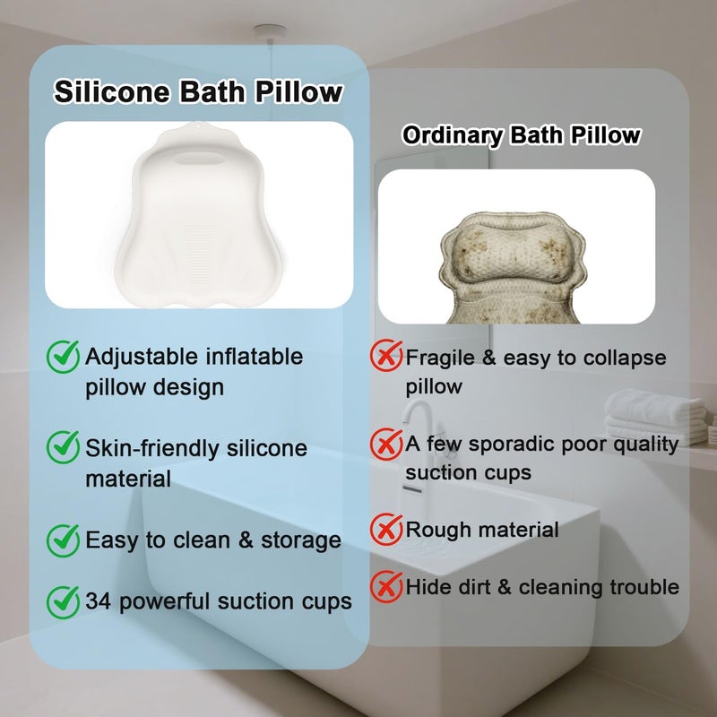 Deenwada Silicone Bath Pillow for Tub – Ergonomic Bathtub Headrest with Inflatable Air Cushion, Non-Slip Suction Cups & Neck/Back Support – Comfortable Spa Bath Accessory for Relaxation (Cream White) - Image 4